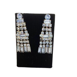 Vintage Rhinestones Clip On Dangles Earrings Light Blue Silver Tone Long Drops